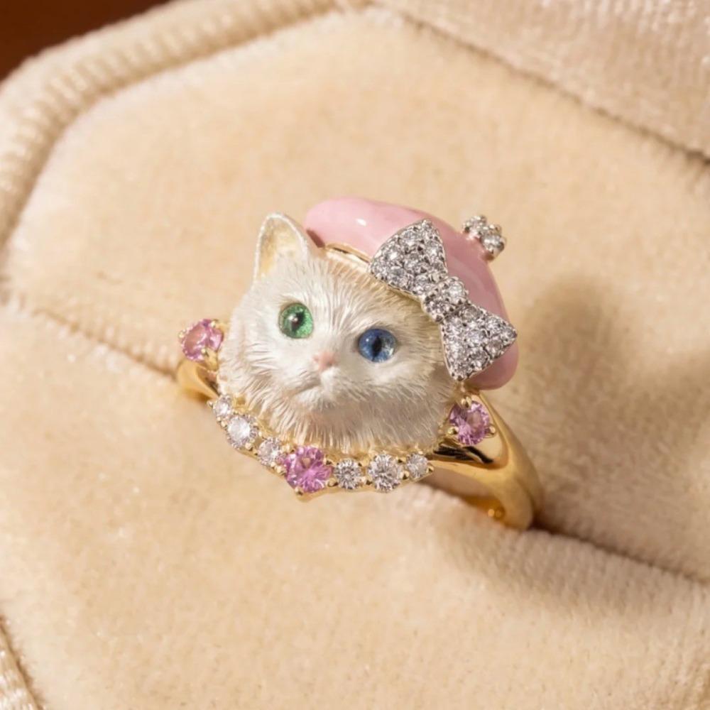 Adjustable Cute Head Ring Rhinestone Animal Ring Sweet Irregular Opening Ring for Cat Dog Lovers Style 1