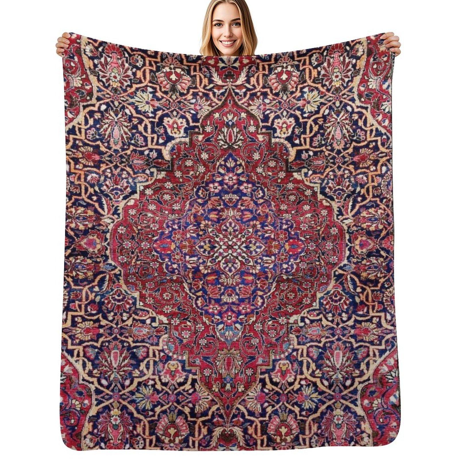 Kashan Central Persian Silk Rug Print Throw Blanket Luxurious Soft Fuzzy Blanket for Sofa Bed Size: 75*100cm, Weight: 230 GSM