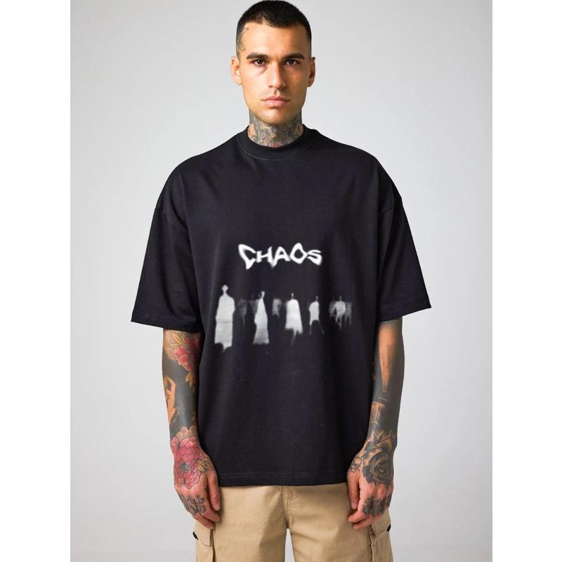 Oversized T-Shirt Black Chaos Text and Silhouettes Graphic Print Casual Streetwear for Men