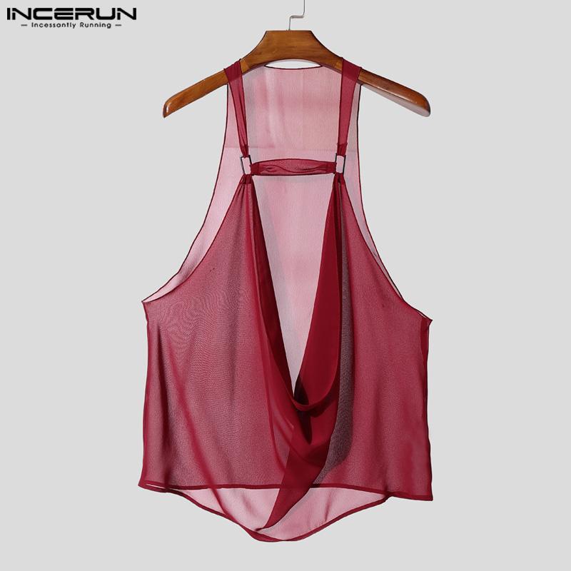 INCERUN Ανδρικά Αμάνικα Διάφανα Διχτυωτά Τοπ Τανκ με Λουράκια και Κολάρο Ζιβάγκο για Πάρτι και Κλαμπ