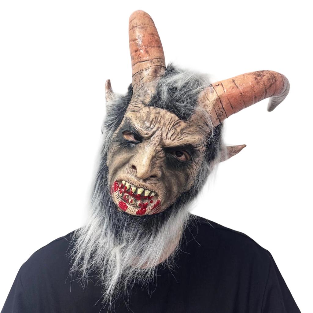 Démonická latexová maska s rohy a zakrvácenými ústy pro halloweenské party kostým Pokrývka hlavy a Cosplay doplňky