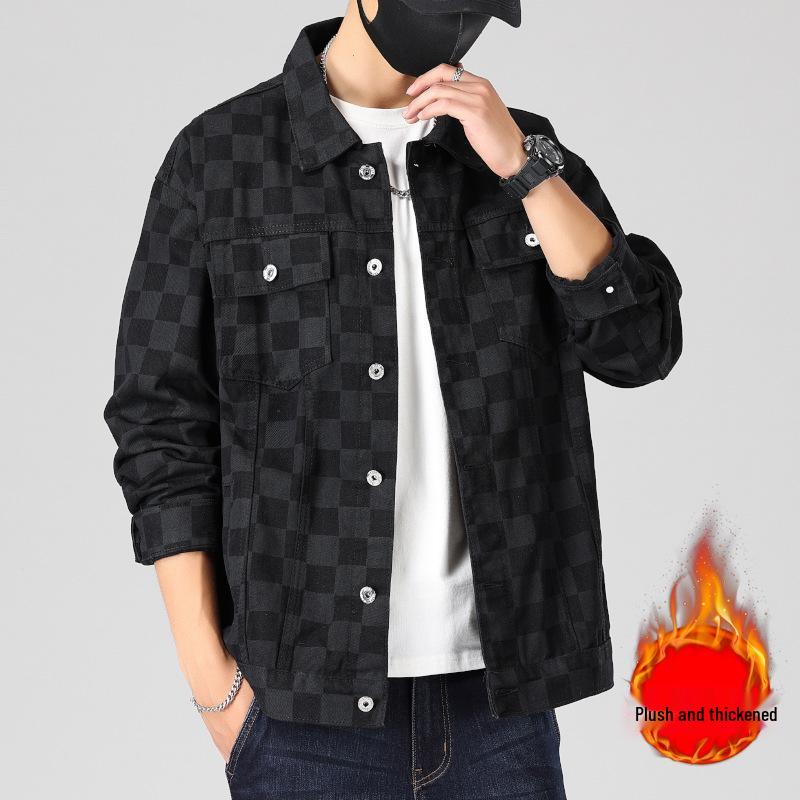 Men's Loose Plaid Grid Plush Denim Jacket - Korean Style, Youthful, Long Sleeve for Autumn/Winter