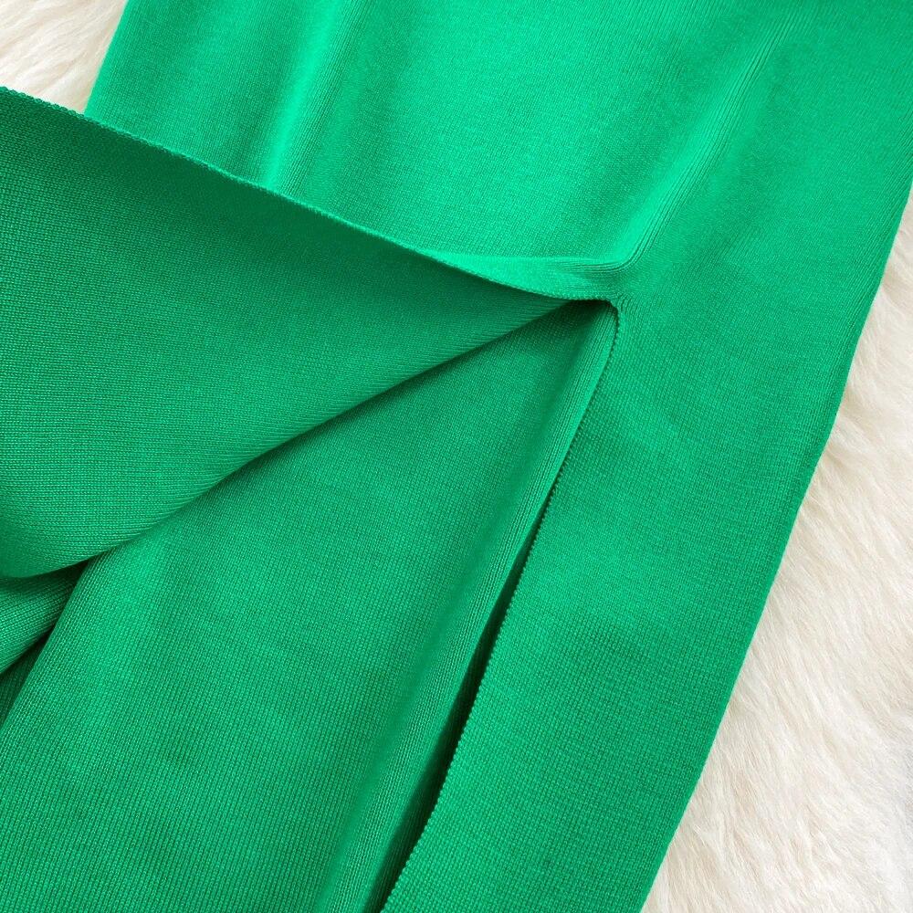 RUGOD France Sexy Knitted Club Dress Women Sleeveless Split Sundress Vintage Short Dress Feathers Montage Green Slim Dress