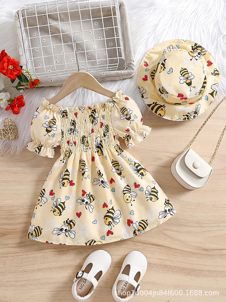 Modisches Prinzessinnenkleid für Mädchen Sommer Kinderkleid mit Bienenprint und süßem Hut