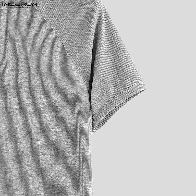 INCERUN Men Zip-up Turtleneck Short Sleeve Rib Fitted T-Shirts Tops