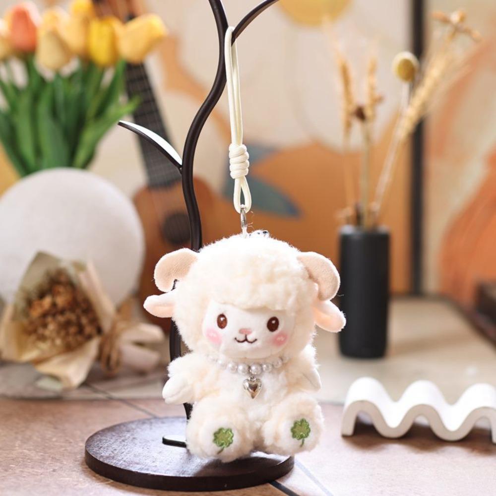 1Pcs PP Cotton Cartoon Sheep Doll Fluffy Soft Animal Stuffed Keyring Birthday Gift Ornament beige