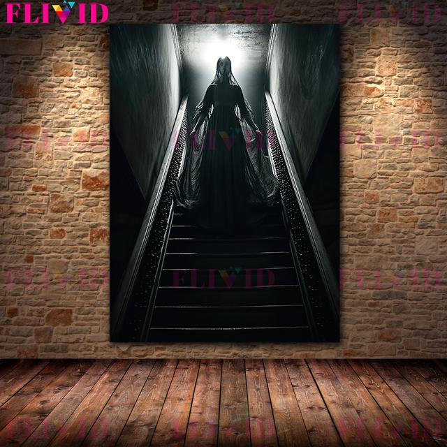 Dark Undead and Witch On Stairs and Penthouse Vintage Wall Art Oil Painting Horror Ghost and Devil Ai