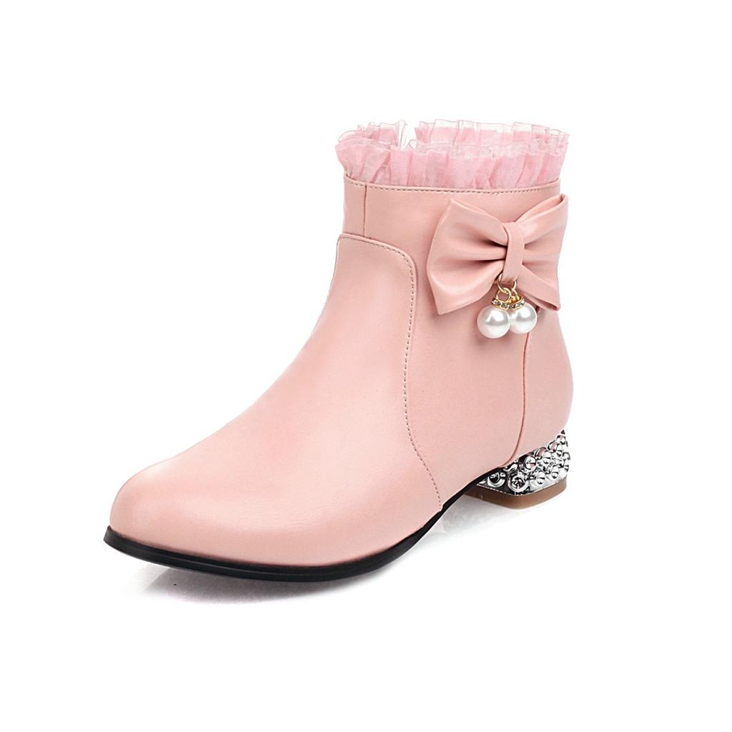Autumn Winter Girls Boots Sweet Bow Zipper Ankle Boots Comfort Square Heel Women Boots Pink Lolita Student Shoes Plus Size 28-43