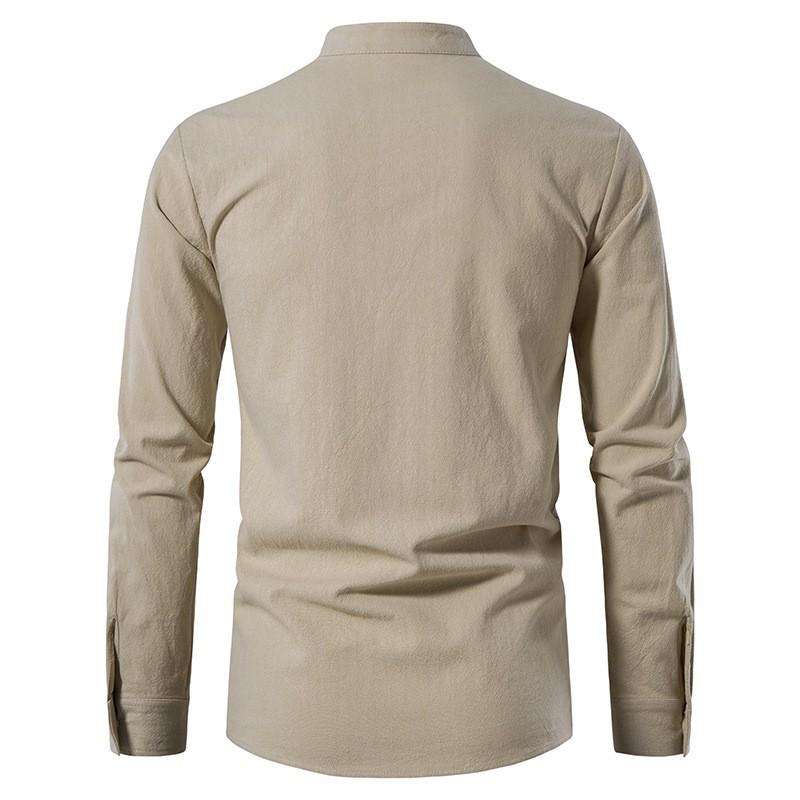 Chemise Henley en coton pour homme, à manches longues, décontractée, avec col montant et cordon de serrage.