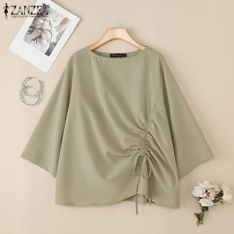 ZANZEA Damen Lässiges Rundhals 3/4-Ärmel Lockere Bluse mit Kordelzug
