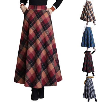 Women's Casual Fashionable Retro Woolen Plaid Midi Skirt, Winter High,Waisted A,Line Woolen Skirt, Long Skirt, Half Skirt
