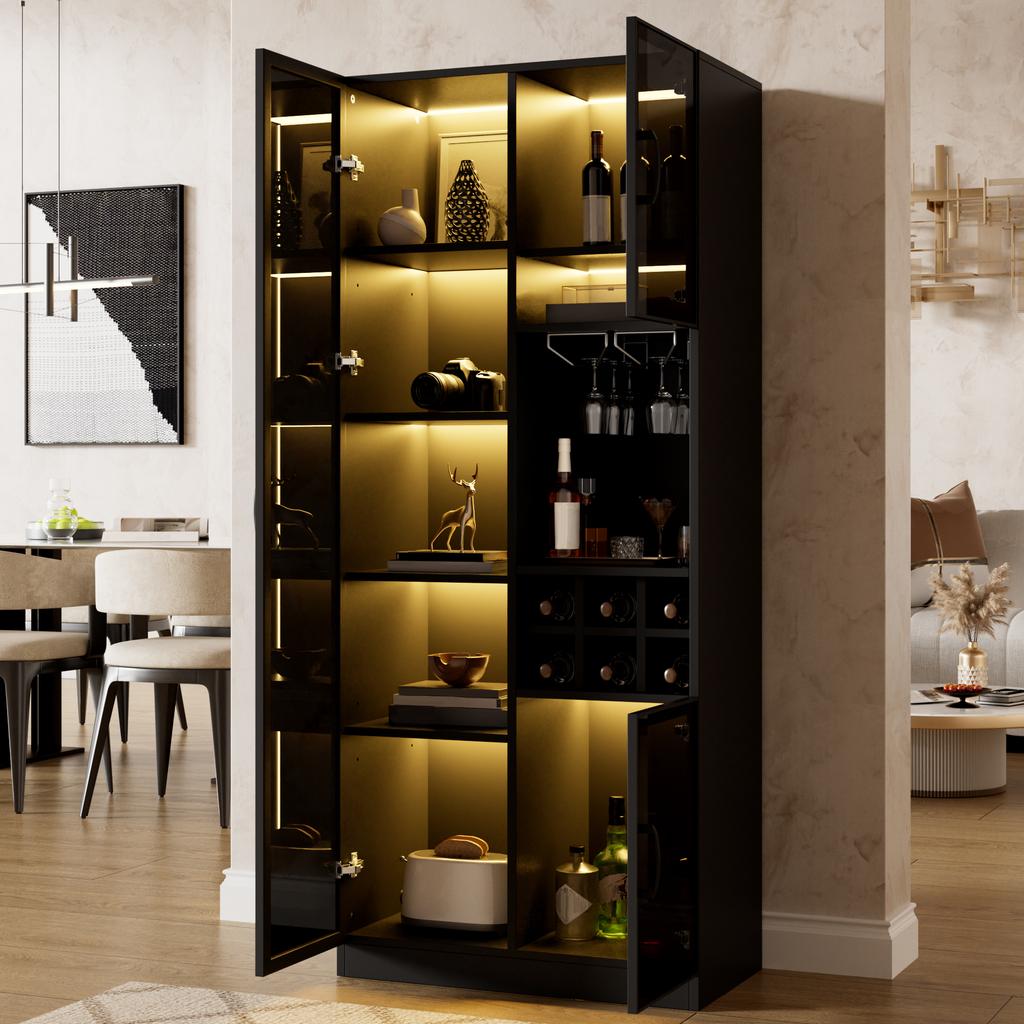 Vitrine mit LED-Beleuchtung App-Steuerbar, Glasschrank mit Glastüren, Weinregal und Stauraum, Wohnzimmerschrank