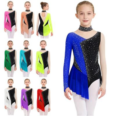 Kids Girls Gymnastics Performance Leotard: Sparkling Rhinestone Color Block & Sheer Mesh, Long Sleeve with Snap Crotch