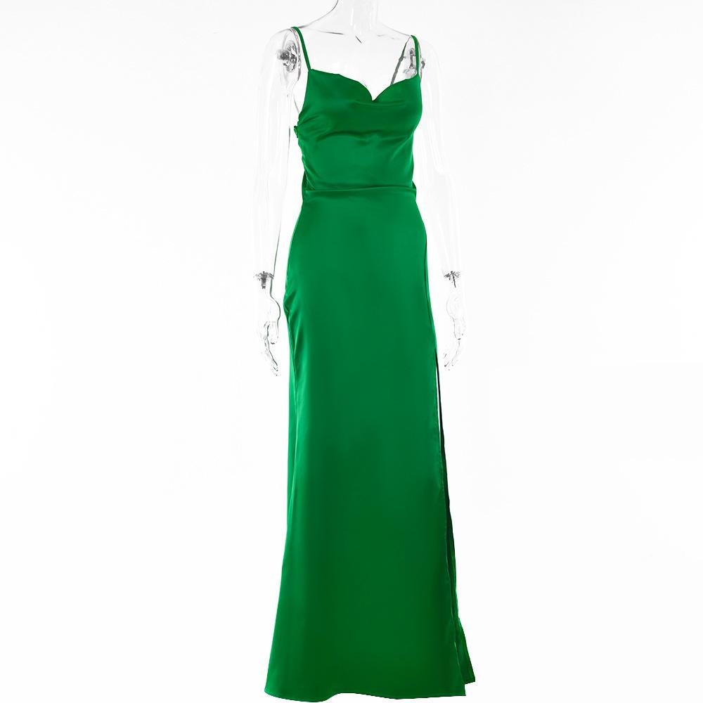 Robe Longue Satinée pour Femme à Col Drapé Bretelles Fines Dos Nu Fente Haute Moulante Sexy Robe de Soirée Cocktail Invité de Mariage Formelle