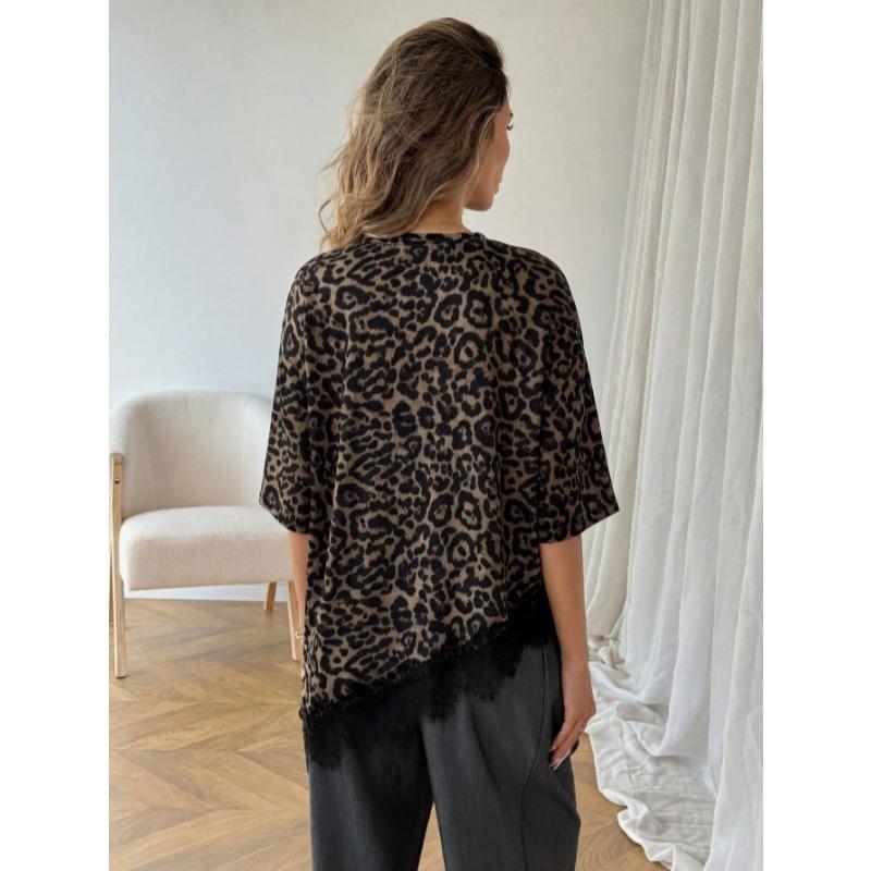 New Slanted Bottom Lace Splicing Short Sleeve T-shirt Sweet Irregular Top for Women Solid O Neck Loose Elegant Fashion Casual Office Blouse Basic Tees