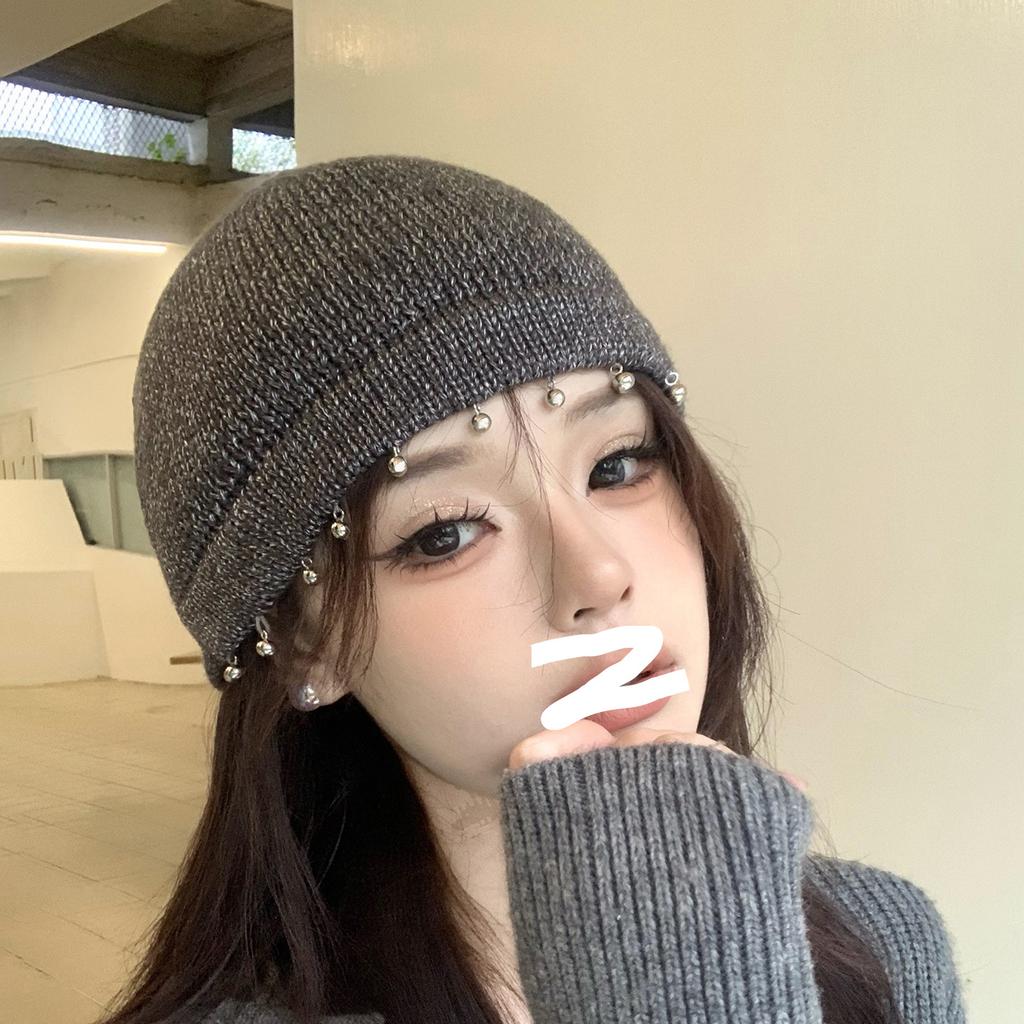 Korean Trendy Bag Head Hat Women's New Autumn and Winter Thin Knitted Hat Design Sense Bead Wool Pullover Hat