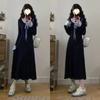 Large size bow lace-up dress for women's autumn and winter design sense splicing fungus edge long skirt