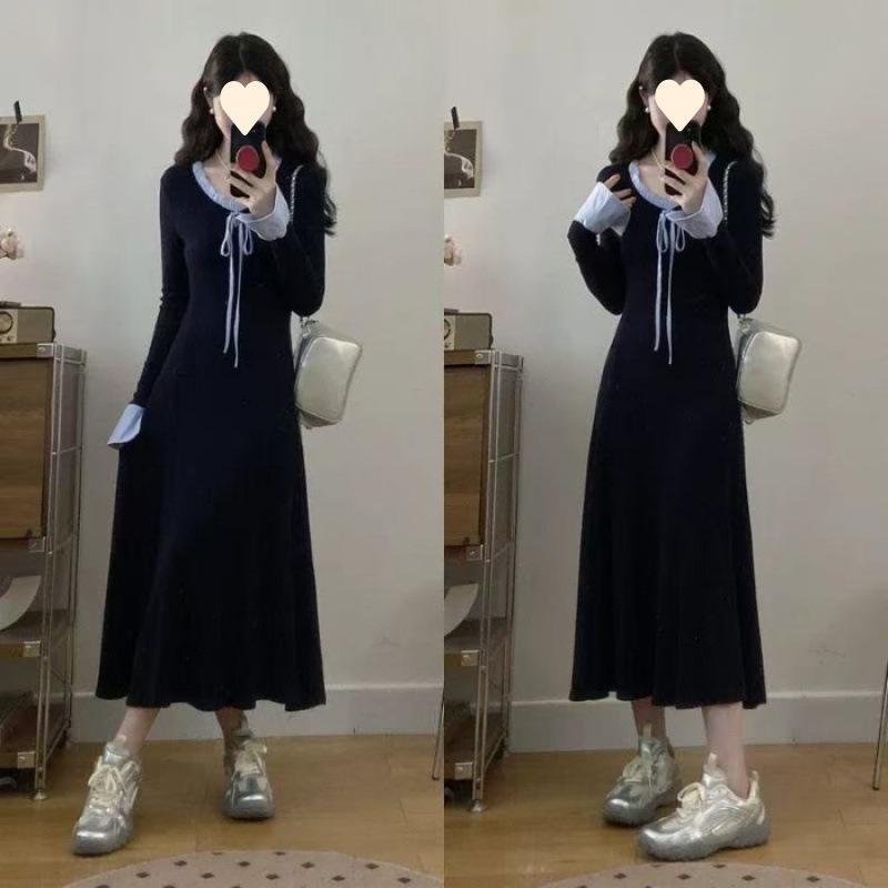 Large size bow lace-up dress for women s autumn and winter design sense splicing fungus edge long skirt S