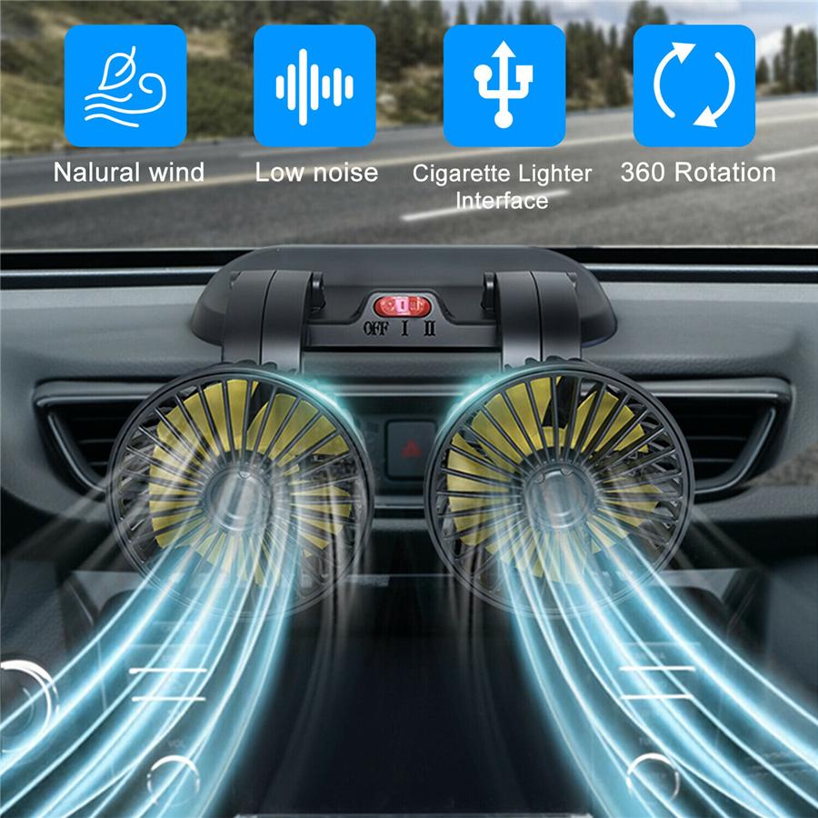 12V Black Car Folding Dual Head Fan 360° Rotatable Auto Cooler Air Fan Low Noise