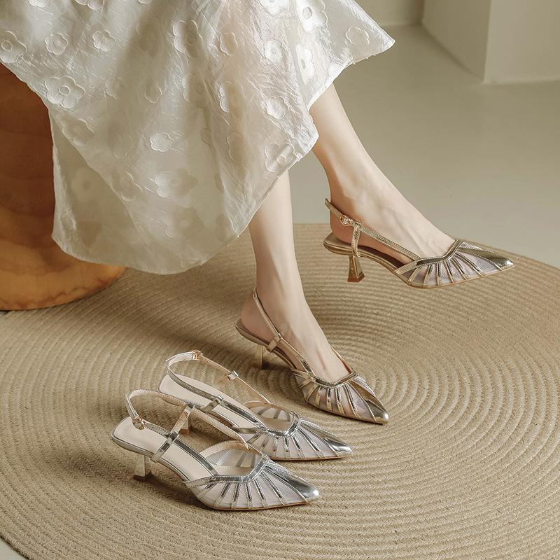 Fashion 2025 Air Mesh Breathable Heeled Sandals Women Hollow Out High Heels Summer Shoes Pointed-Toe Lace Stiletto Heels Sandalias Mujer