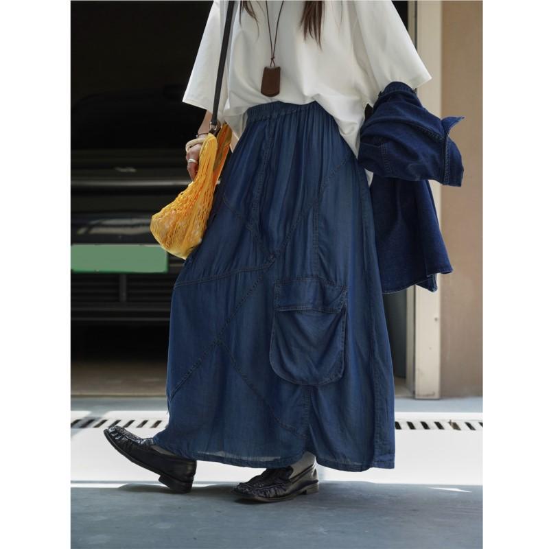 Johnature Japanese Large Pocket Skirt Summer Japanese Casual Elastic Waist Loose Women Skirts