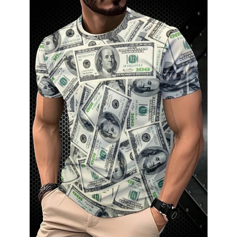 Summer Round Neck 3D 100 Dollars Print Top Fashionable Casual Short Sleeved Men's T-shirts