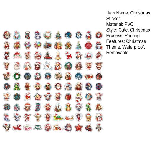 100Pcs/Bag Christmas Sticker Self-adhesive Waterproof PVC Removable Phone Cover Luggage Skateboard Laptop Scrapbook Decal Kids DIY Supplies