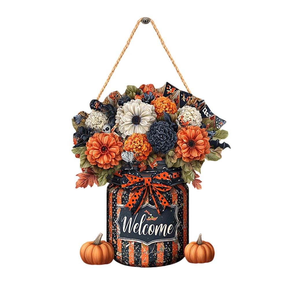 Colorful 2D Flat Halloween Ghost Bat Witch Pattern Wooden Door Hanger for Front Door Wall Window Decoration