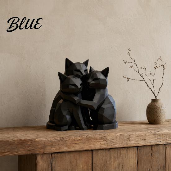 Hugging Cat Statue 3D Printed Black Figurine, Three Geometric Statue, Modern Animal Shape Sculpture for Home Office Bookshelf