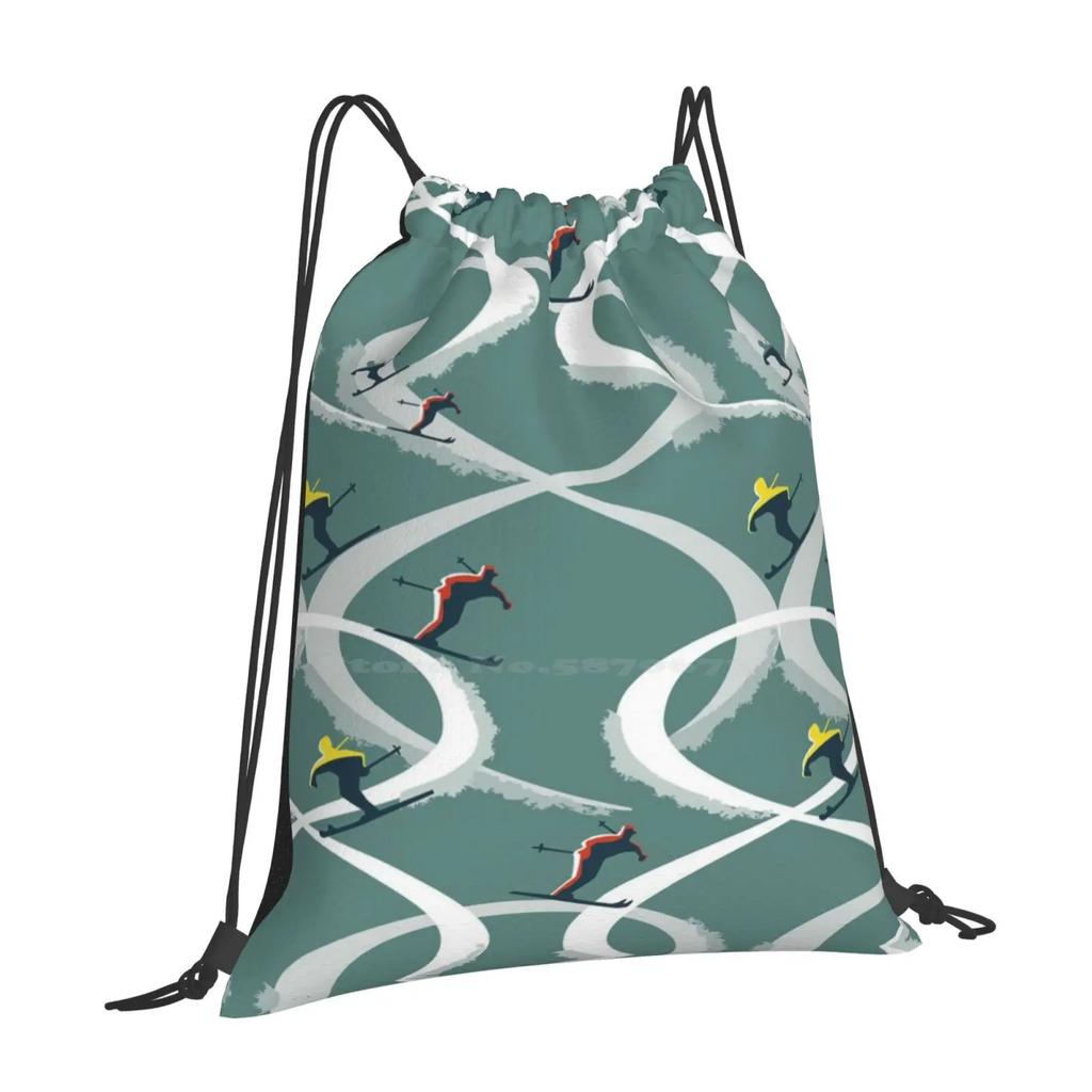 Mid Century Figure 8 Skiers In Retro Style On Teal Pattern Design Bagpack School Bags Skis Skiing Skiers Mid Century Design Mid