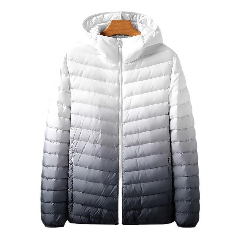 Light Down Jacket Men's Short Autumn and Winter Green Gradual Change Hooded Thin Light Cold Warm White Duck Down Jacket