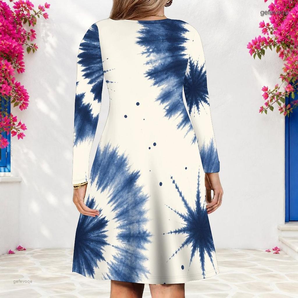 Damen Übergröße V-Ausschnitt Langarm Batik Druck Blau Weiß A-Linien-Kleid
