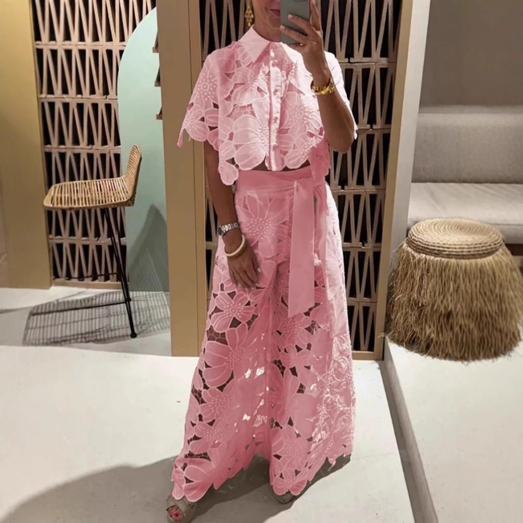 Women's Sets Casual Solid Color Hollow Lace Shirt Trousers Casual 2-piece Package