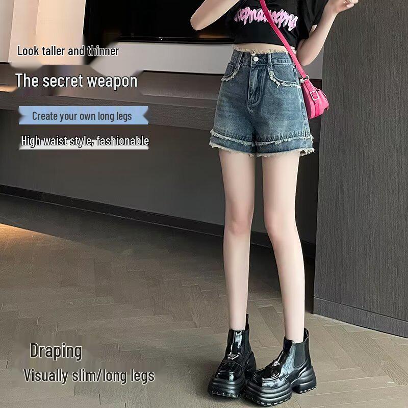 

High Waist Women s A-line Frayed Hem Denim Shorts - Slimming & Versatile 2024 Style S