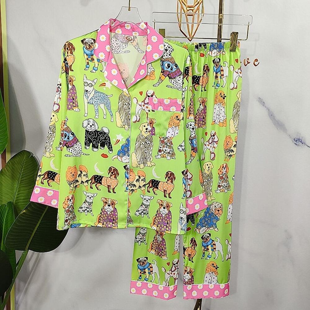 Autumn Silk Sleepwear Green Cartoon Print Women Pajamas Set Long-sleeved 2 Pcs with Trousers Satin Cardigan Home Clothes Female