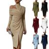 Asymmetrisches Damen-Bodycon-Midikleid mit einem Schulterträger, langen Ärmeln, hohem Halsausschnitt und Schlitz vorne für formelle Anlässe