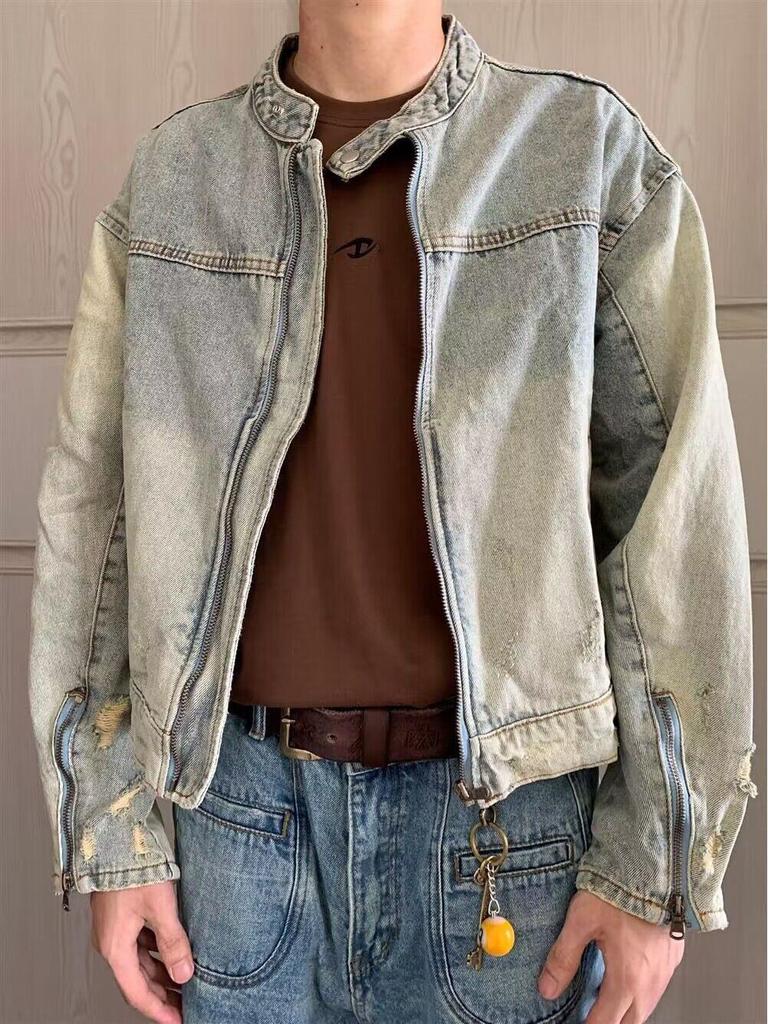 Men's Retro Stand Collar Denim Jacket - Japanese Style Washed Design for Couples, Trendy Spring and Autumn Wear.