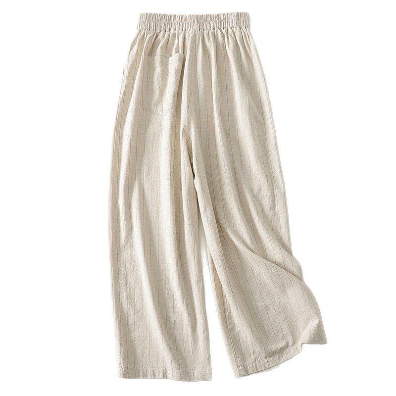 2025 Spring and Summer New Niche Design Japanese and Korean Style Elastic Waist Nine-point Wide-leg Pants Women's Literary Temperament Casual Pants