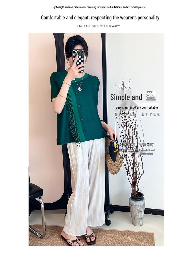 Miyake Plisse 2025 Sommer Quastenbluse - Lockere Passform, Figurformend, Bauchbedeckendes Design