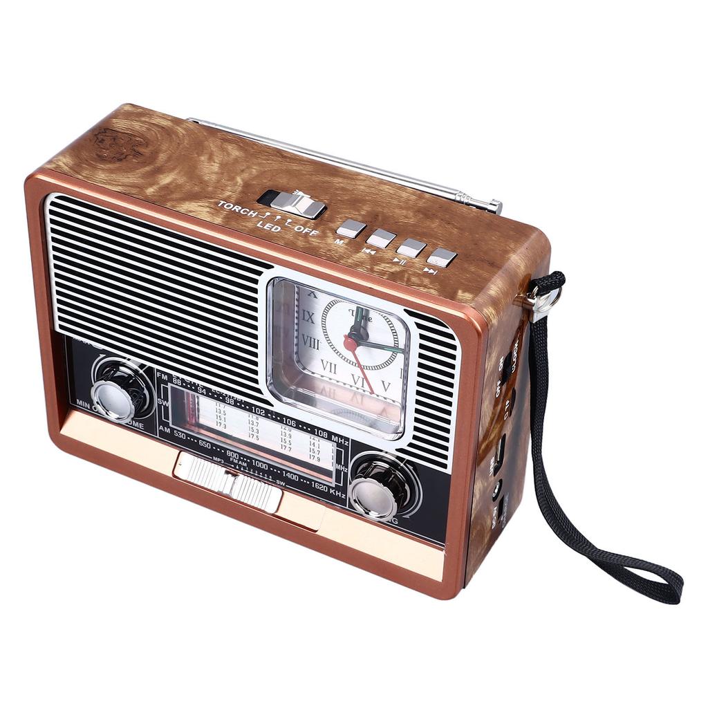 Vintage Radio Multifunctional AM FM SW Band Clock Flashlight Function Retro Bluetooth Speaker for