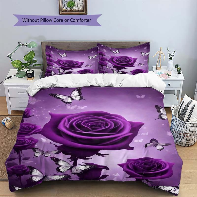 Purple Rose Flower White Butterfly Glitter Print 3 Pieces Duvet Cover Set Floral Nature Bedding Bedroom Home Decor Without Pillow Core Comforter