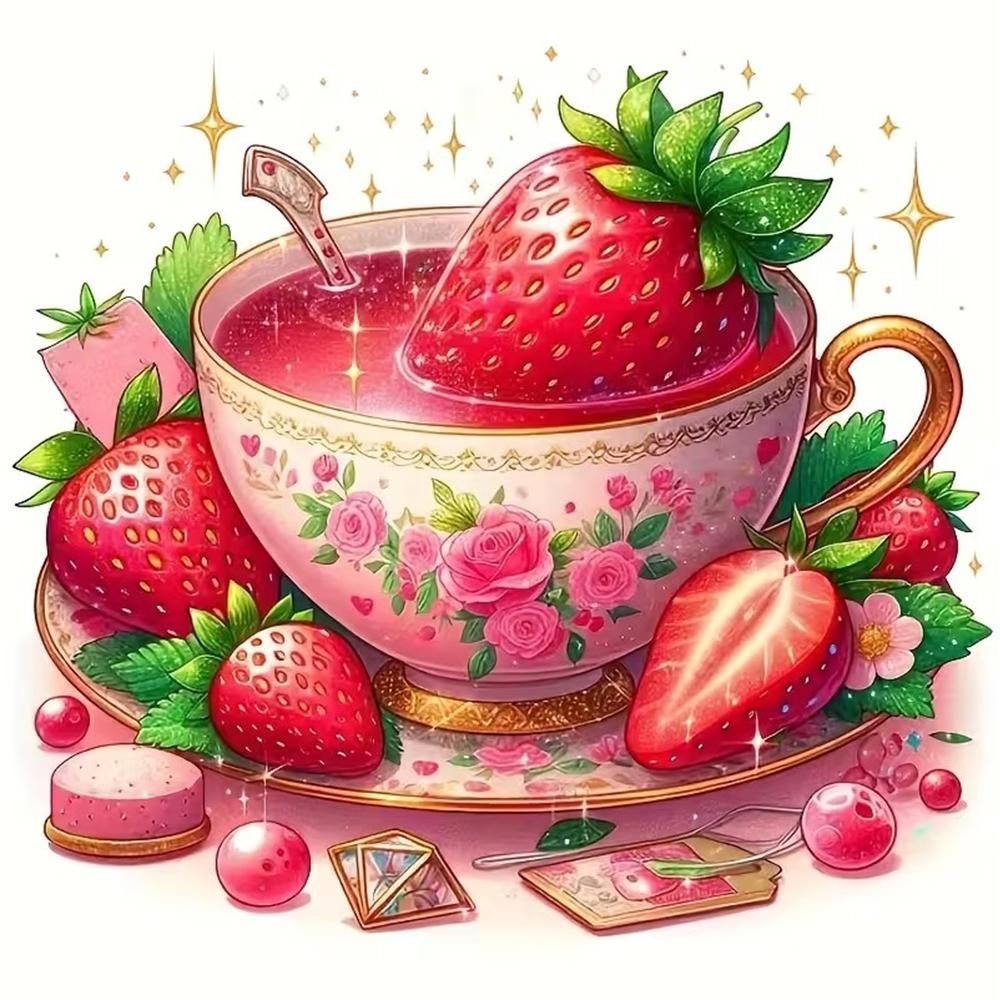

QT2362#15cm Glittery Strawberries & Tea Cup Waterproof Car Decorative Decal, Suitable for Cars, Laptops, Bumpers, Glass Window Sticker 15cm-longest side