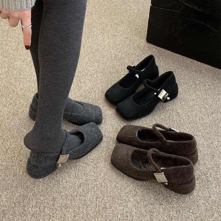 Shoes Coarse Heel Single Shoes Women's Fleece French Temperament Mary Jane Woolen Square Head Grandma Shoes High Heel Winter Fluffy