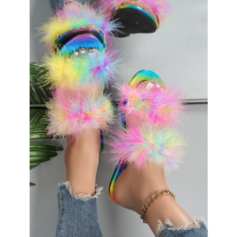 Neuer Sommerlicher Feenstil Bunte Fellpantoffeln Damen Flache Sohle Passend für Draußen zu Tragen Flip Flops Große Größe
