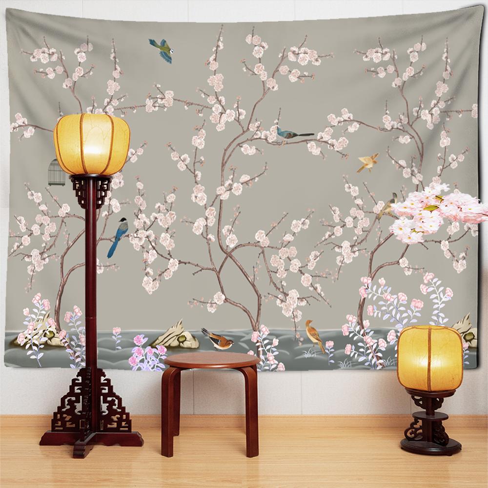 Obraz Kwiaty i Ptaki Orchidea Świeży Gobelin do Powieszenia na Ścianie Prosty Chiński Styl Boho Dekoracja Pokoju w Akademiku