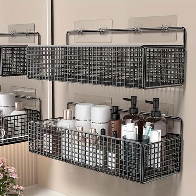 Wall-Mounted Stainless Storage Basket with 2 Hooks - No Drill Adhesive/Bolt- Installation, Bathroom Shelf Suitable for Shower, Bathtub