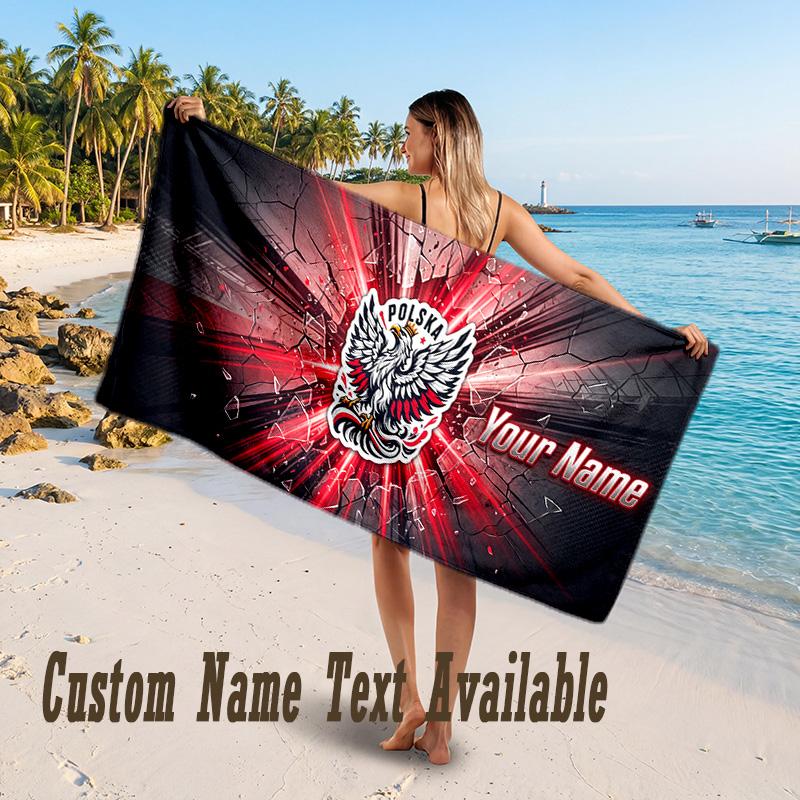 Poland Football Design Beach Towel Custom Text Large Towel for Beach Vacation