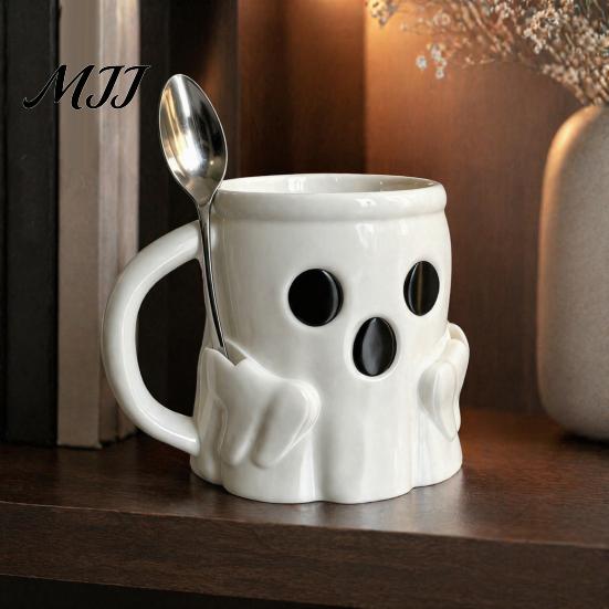 Reusable Wide Mouth Tumbler Halloween Ice Cream Mug with Spoon Holder, 3D Printed Cute Ghost Mug, Coffee Slot Drinking Cup Pen Holder Decor, Christmas