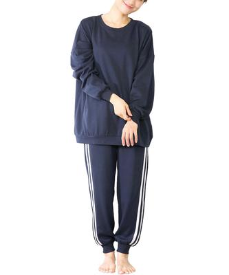 ON NISHIKI Sweatshirt Set Women Long-Sleeve 35% Cotton Pajamas Loungewear Spring Autumn Mini Fleece-Lined Long Pants Homewear Navy LL