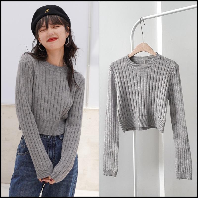 Podzimní jednobarevný kulatý výstřih krátký svetr dámský módní ležérní slim fit pulovry dámské zimní pletené svetry dámské elegantní jednoduché pletené zboží svetr 25568